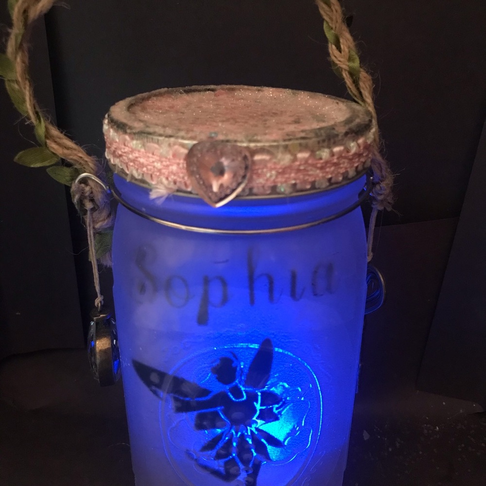 Fairy color changing frosted mason jar tea light lantern with rope vine handle
